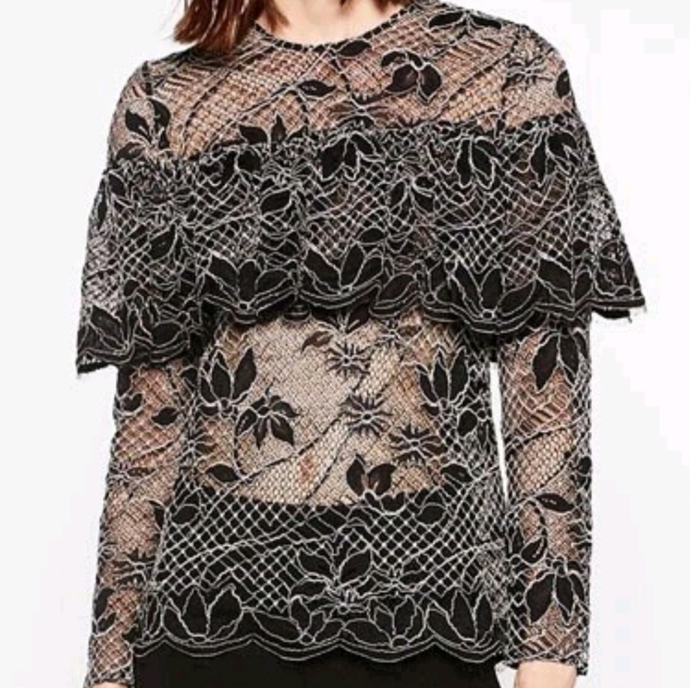 ZARA Women Romantic Floral Outline Lace Cape Blouse Long Sleeves Sz M